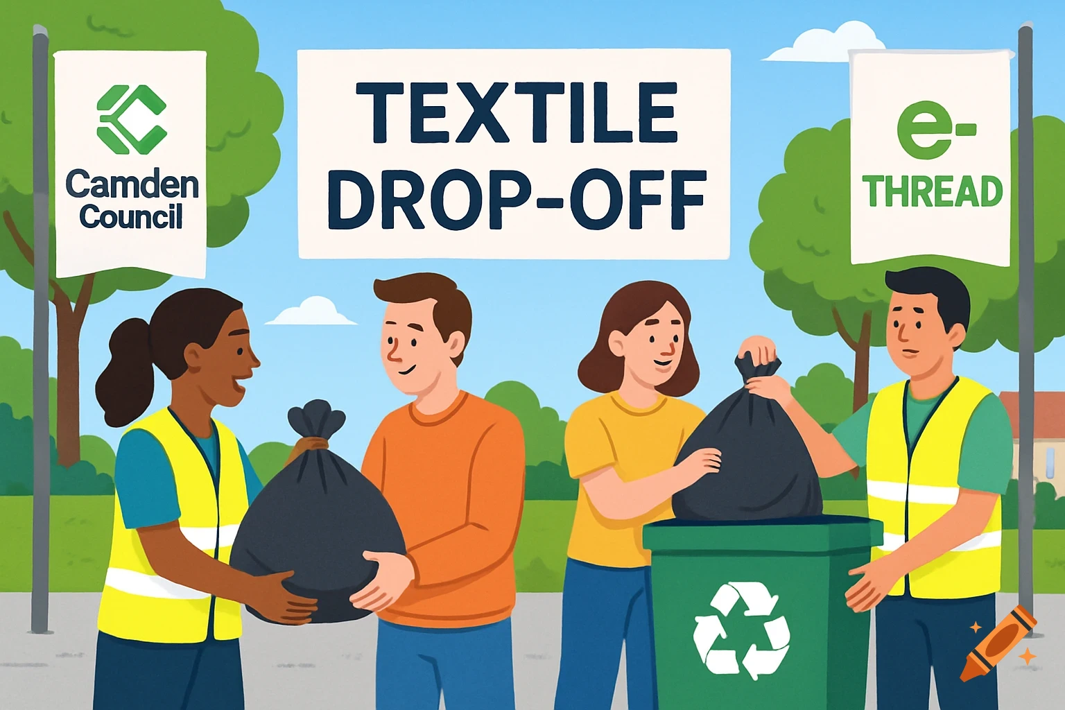 Illustration of people recycling textiles at a community drop-off station with 'TEXTILE DROP-OFF' sign and brand logos.