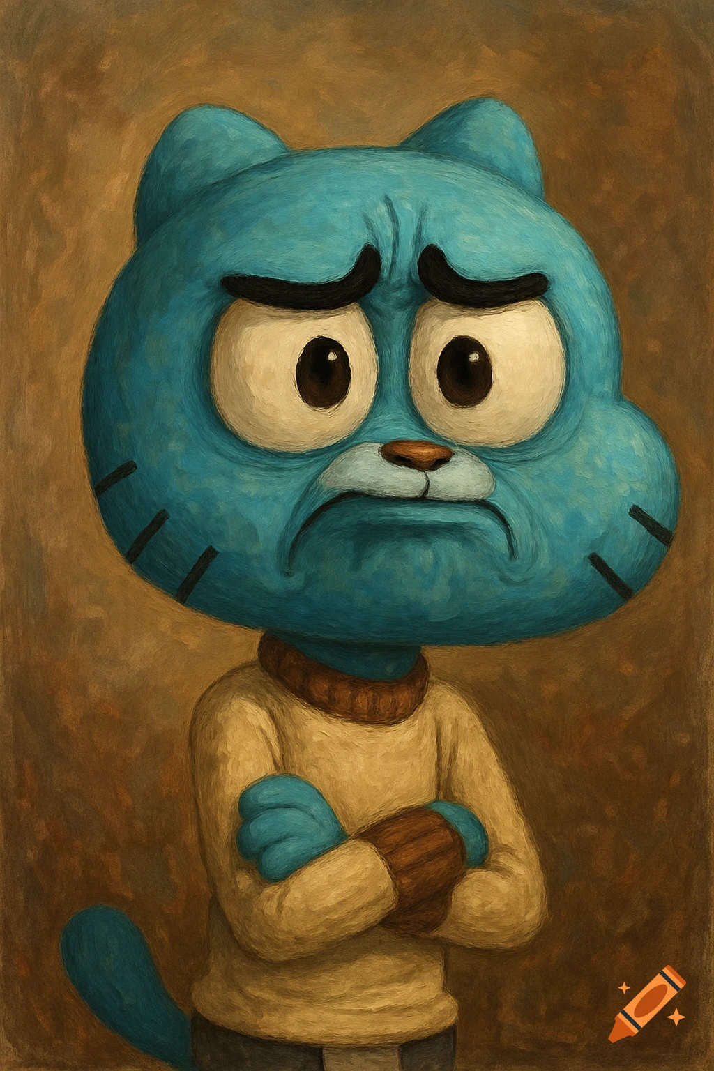 A stylized oil painting of Gumball Watterson, the blue cat from the cartoon, looking grumpy with his arms crossed.