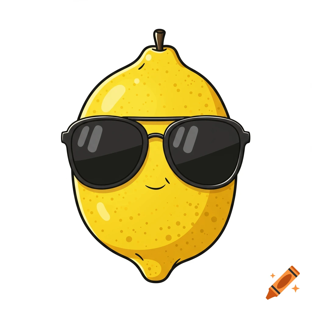 A cartoon lemon wearing black sunglasses with a subtle smile on a white background.