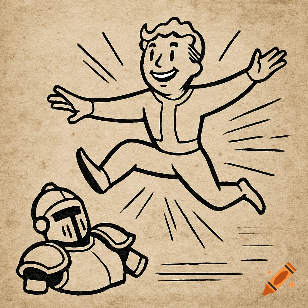 A Fallout-style perk icon showing Vault Boy leaping over a knight's armor on a sepia background, indicating speed and agility.