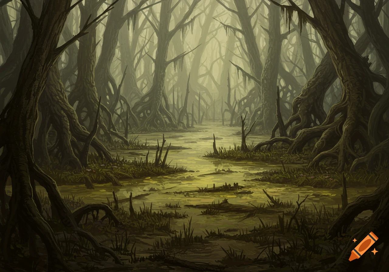 A dark, dense swamp with tangled tree roots and murky green water, illustrated in a moody style.