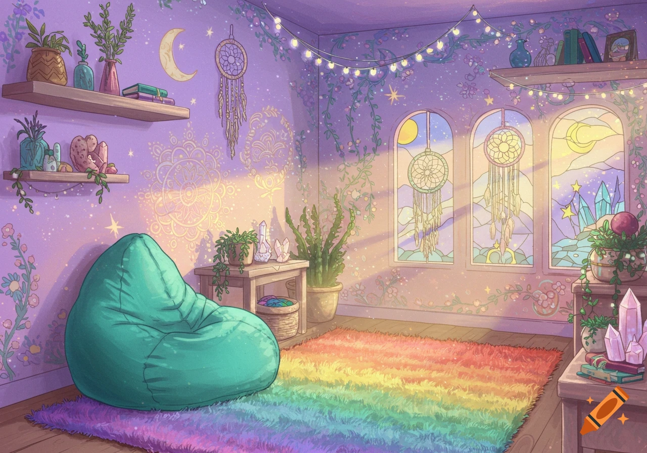 A colorful, whimsical room with a turquoise bean bag, rainbow rug, shelves of plants and crystals, and windows with dreamcatchers and stained glass.
