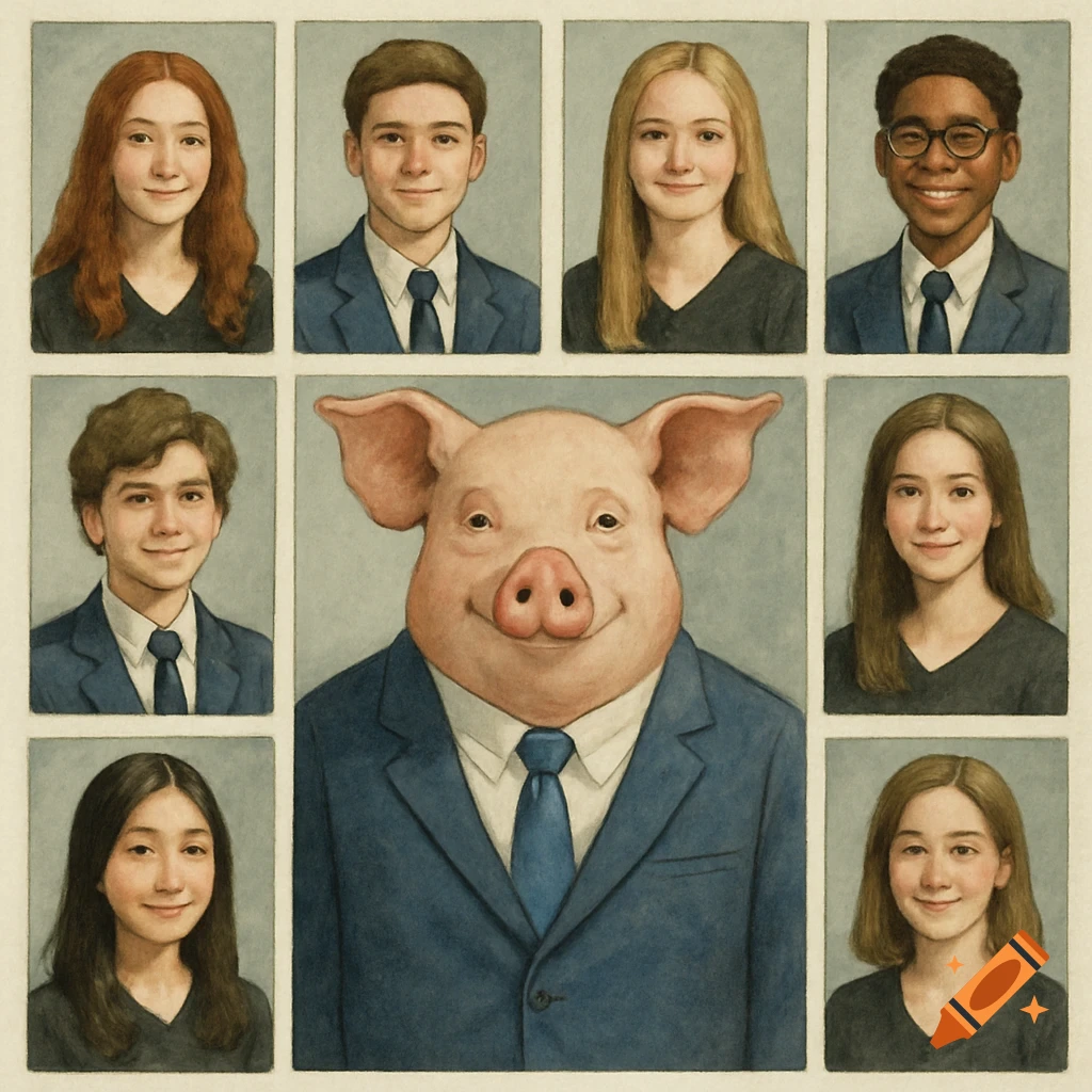 Yearbook-style grid of nine portraits, with eight human teenagers and one smiling anthropomorphic pig in a blue suit and tie.