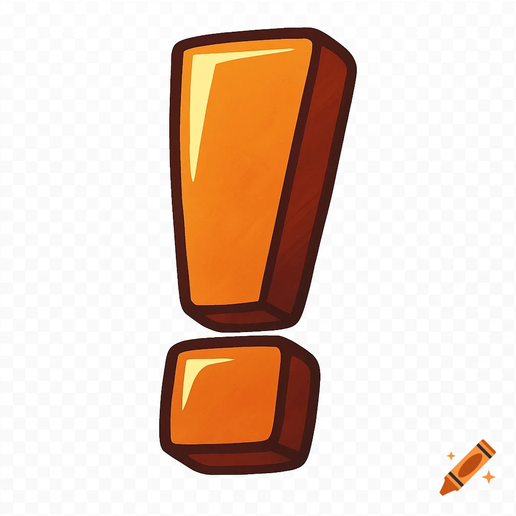 A vibrant orange and brown exclamation point in a bold, video game-style 3D graphic.