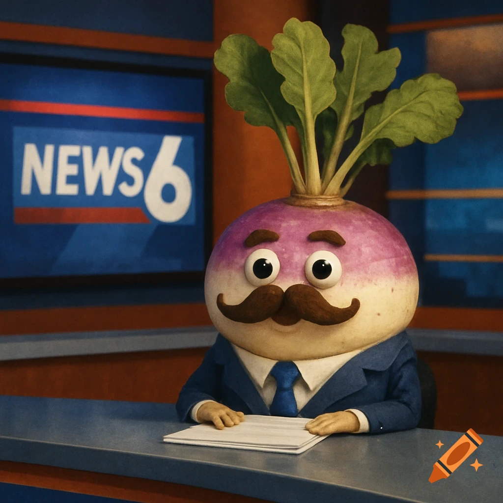 A cartoon turnip character with a mustache and googly eyes, in a suit at a news desk with 'NEWS 6' on the screen.