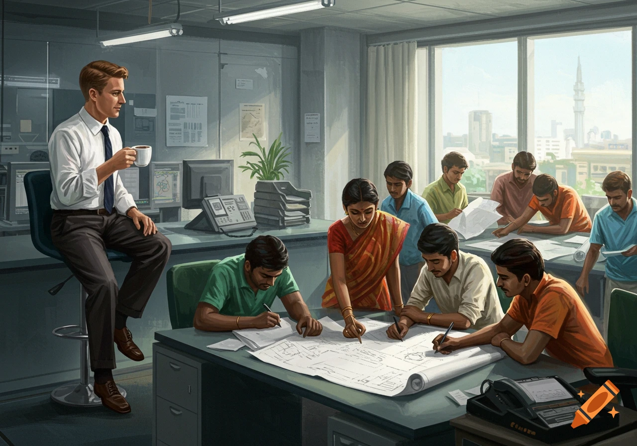 A white man sips coffee while overseeing Indian workers collaborating on blueprints and documents in a busy office setting.
