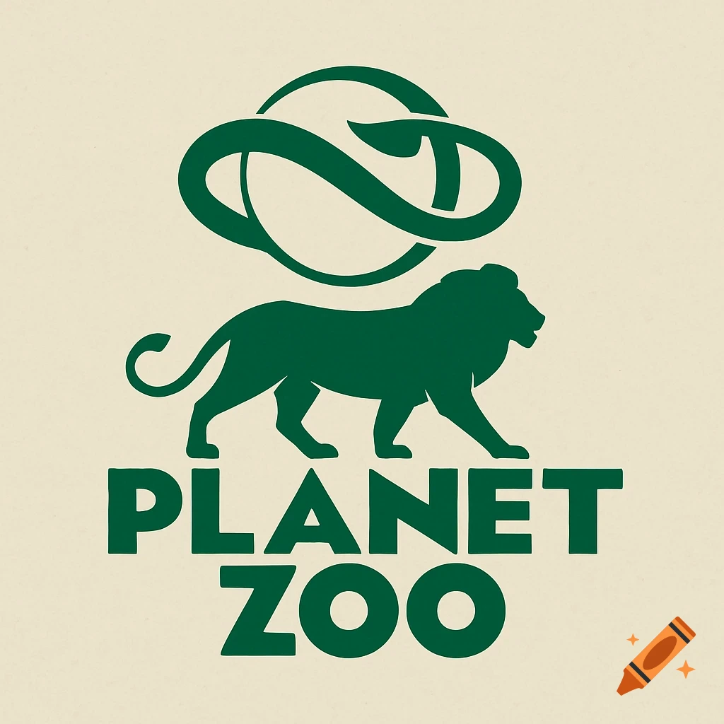 A green logo featuring a stylized lion under an abstract symbol, with the words "PLANET ZOO" below, on a light background.