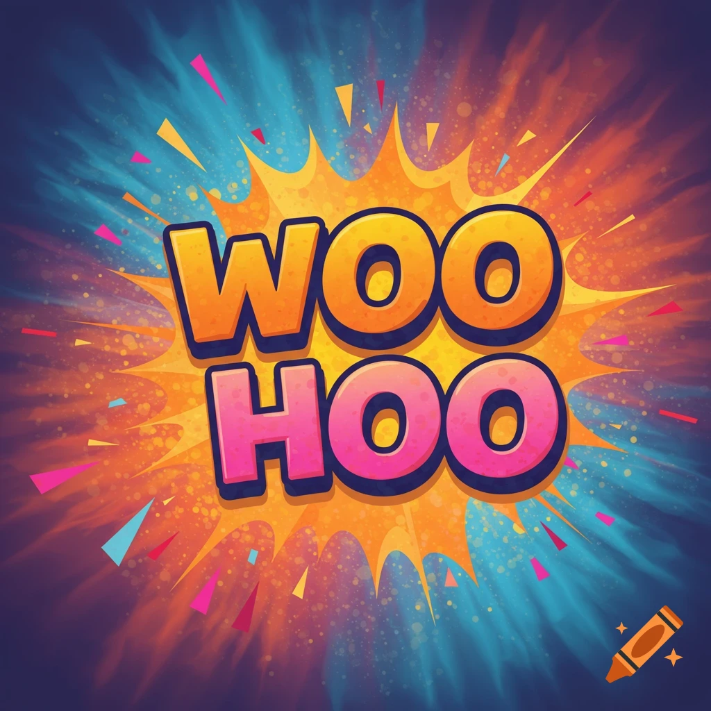 Vibrant pop art illustration of 'WOO HOO' text in orange and pink, set against an explosive multi-colored background with confetti.
