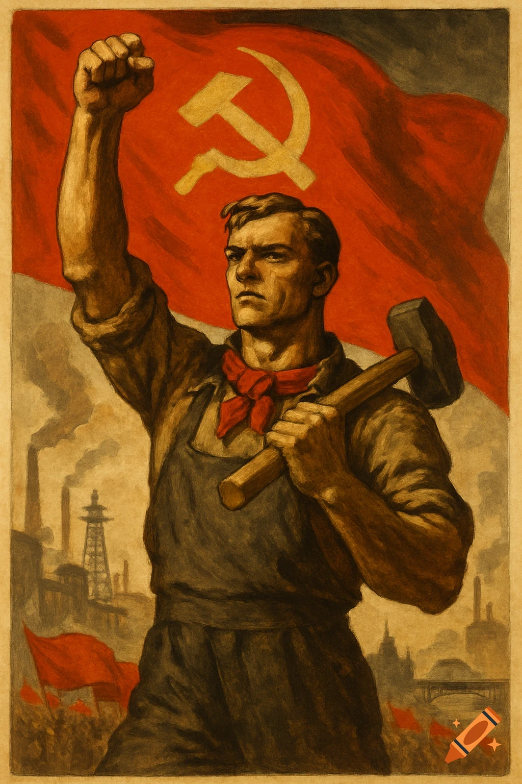 A vintage style poster depicts a resolute man with a hammer and raised fist before a large red Soviet flag and an industrial background.