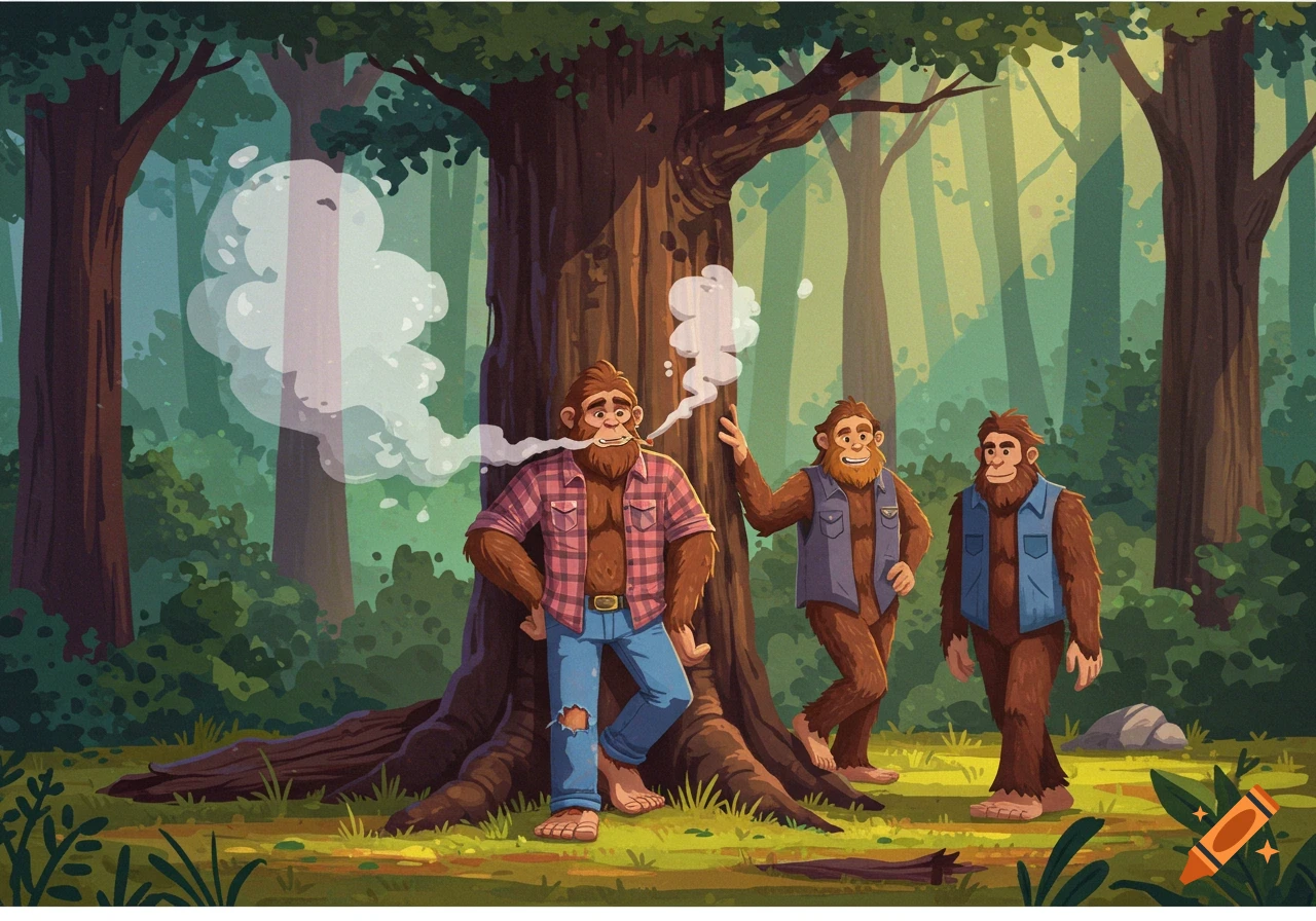 A cartoon illustration shows three Bigfoots in a forest, one smoking a pipe while two others stand nearby.
