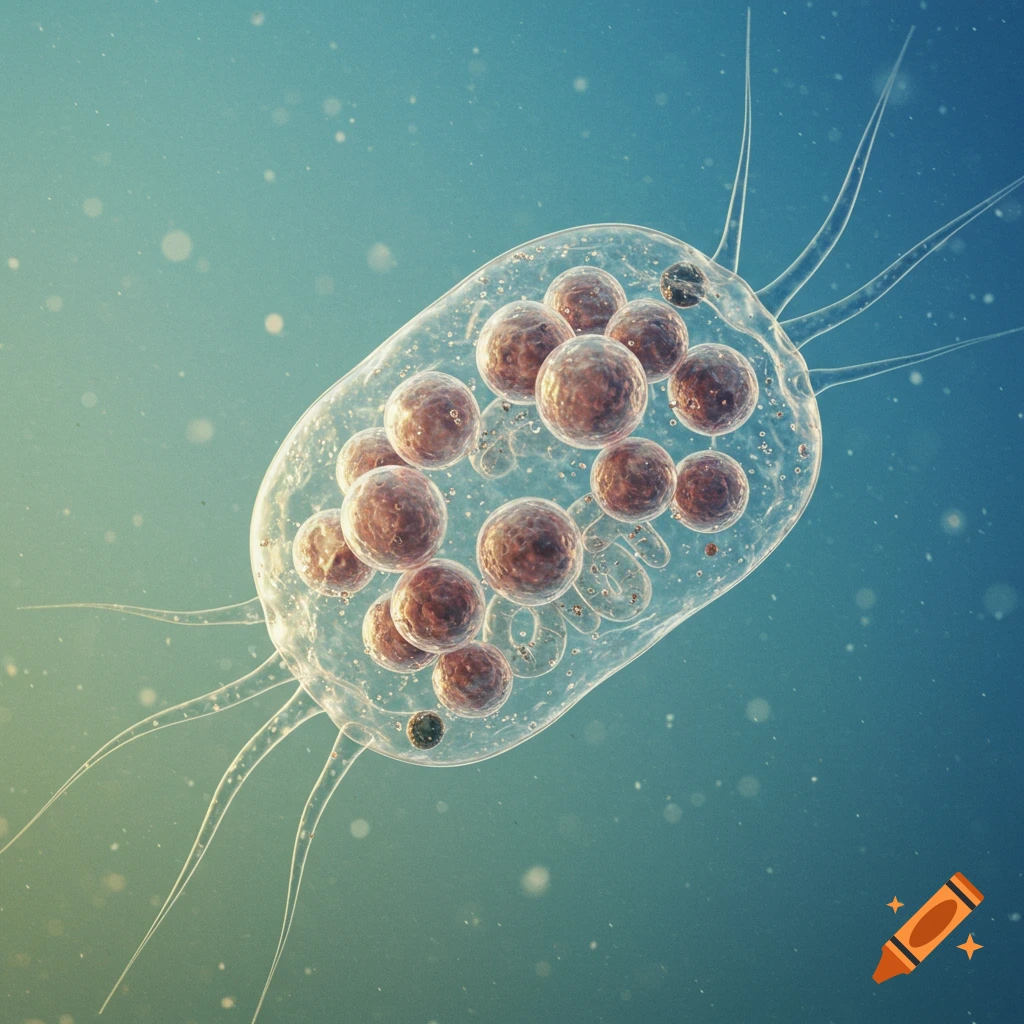 Photorealistic close-up of a transparent amoeba-like cell filled with numerous spheres, floating in a blue-green liquid.