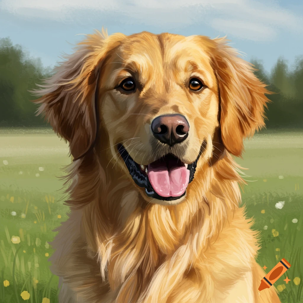 A close-up portrait of a happy golden retriever smiling with its tongue out in a sunny green field.
