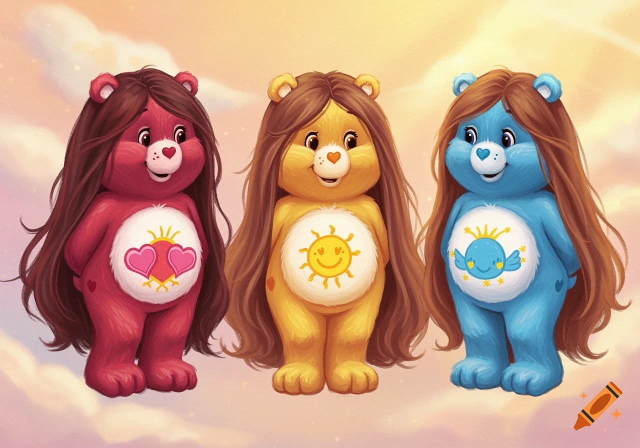 Three illustrated Care Bears with long brown hair: red with hearts, yellow with a sun, and blue with a whale, against a cloudy sky.