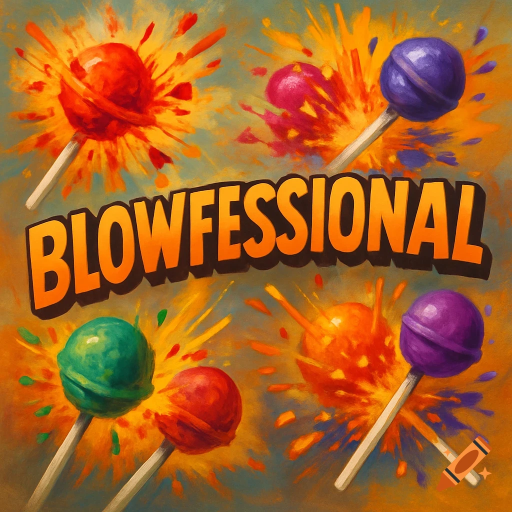 Orange text 'BLOWFESSIONAL' amidst exploding colorful lollipops in an illustrative style.