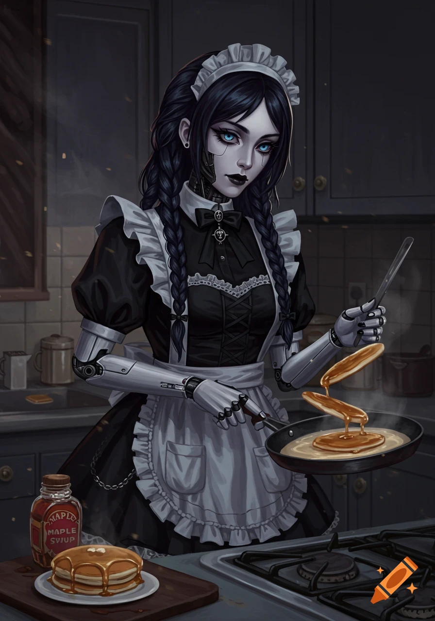 A goth android maid with braids and mechanical arms flips pancakes in a dark kitchen, a bottle of maple syrup and cooked pancakes are on the counter.