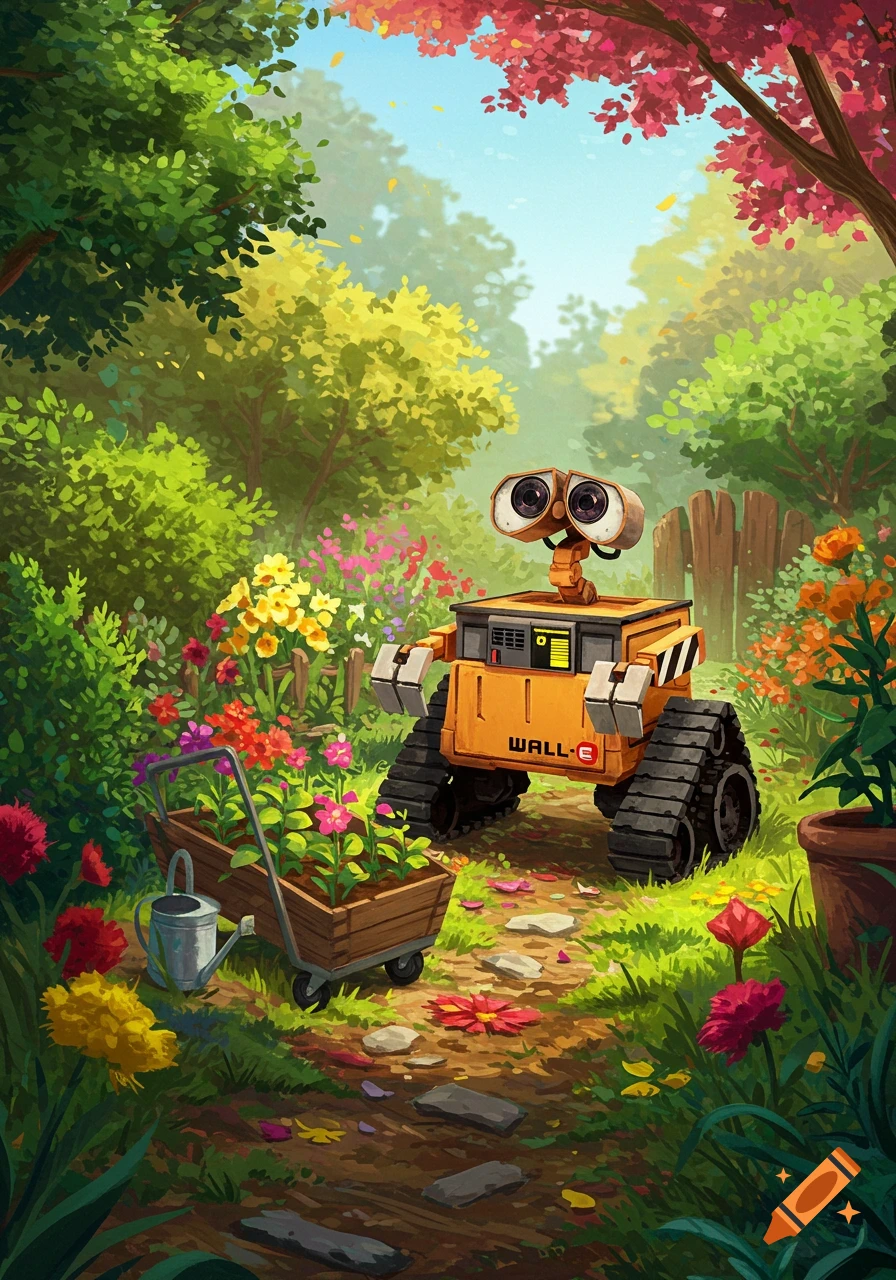 WALL-E robot tends to flowers in a vibrant, lush garden path, illustration.