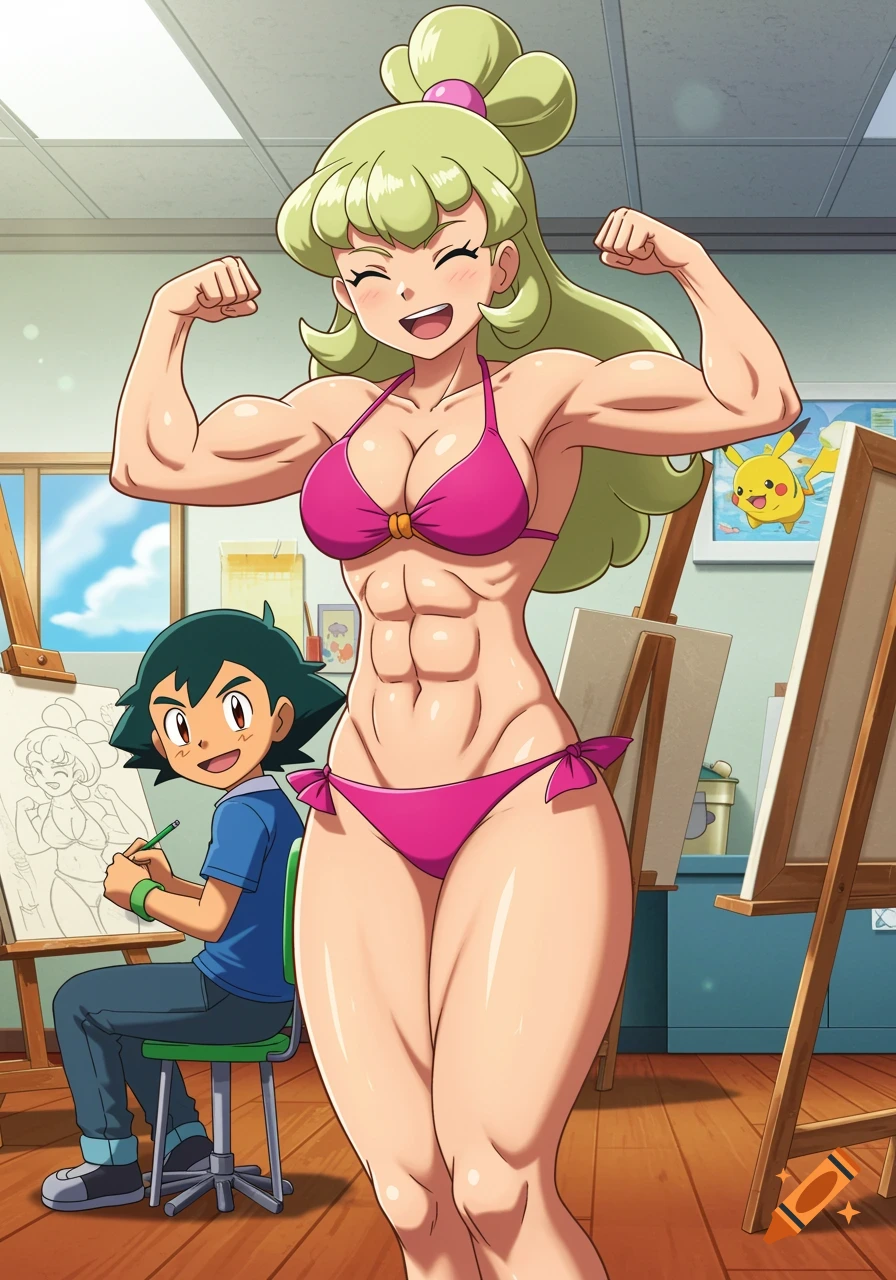 Muscular anime woman in a pink bikini flexes for Ash Ketchum, who draws her on an easel in an art studio.