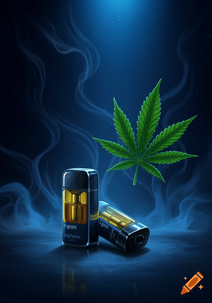 Two black and gold vape cartridges and a green cannabis leaf float on a dark blue background with smoke.