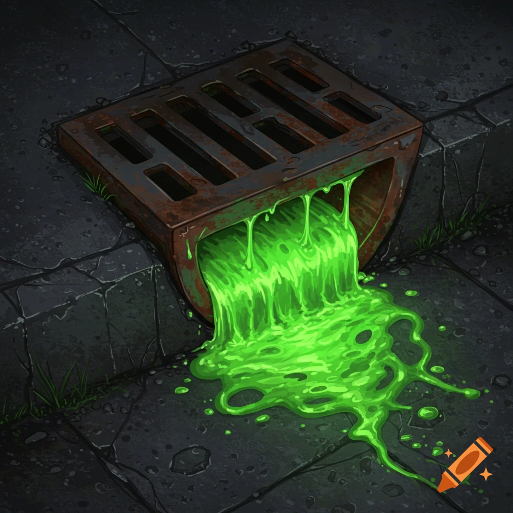 A storm water drain with bright green, glowing goo oozing out onto dark, cracked pavement.