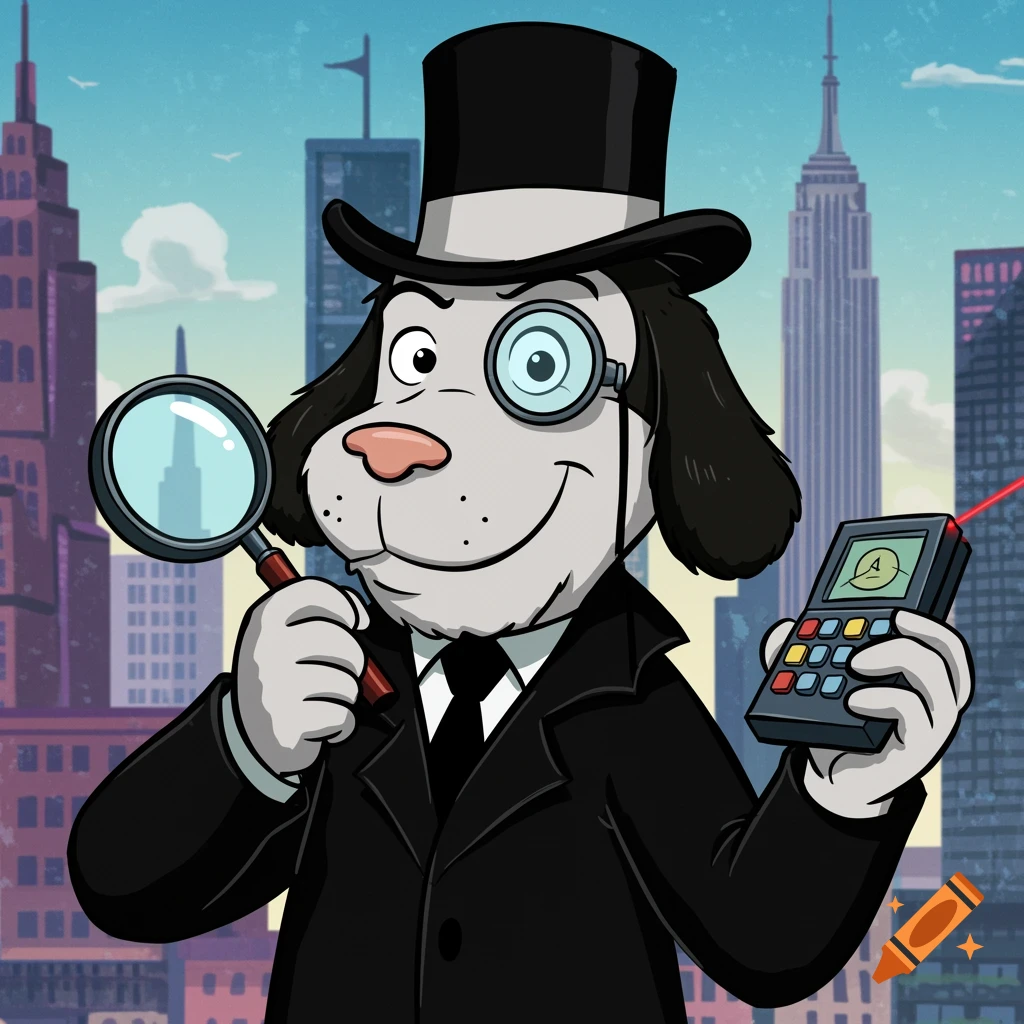 A cartoon dog detective wearing a trench coat and top hat, holding a magnifying glass and a gadget, standing in a city.