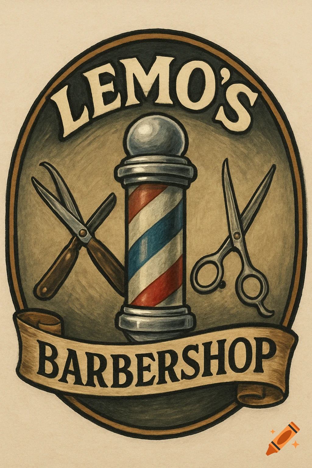 Vintage style logo for Lemo's Barbershop with a barber pole, crossed scissors, and a straight razor on a brown circular background.