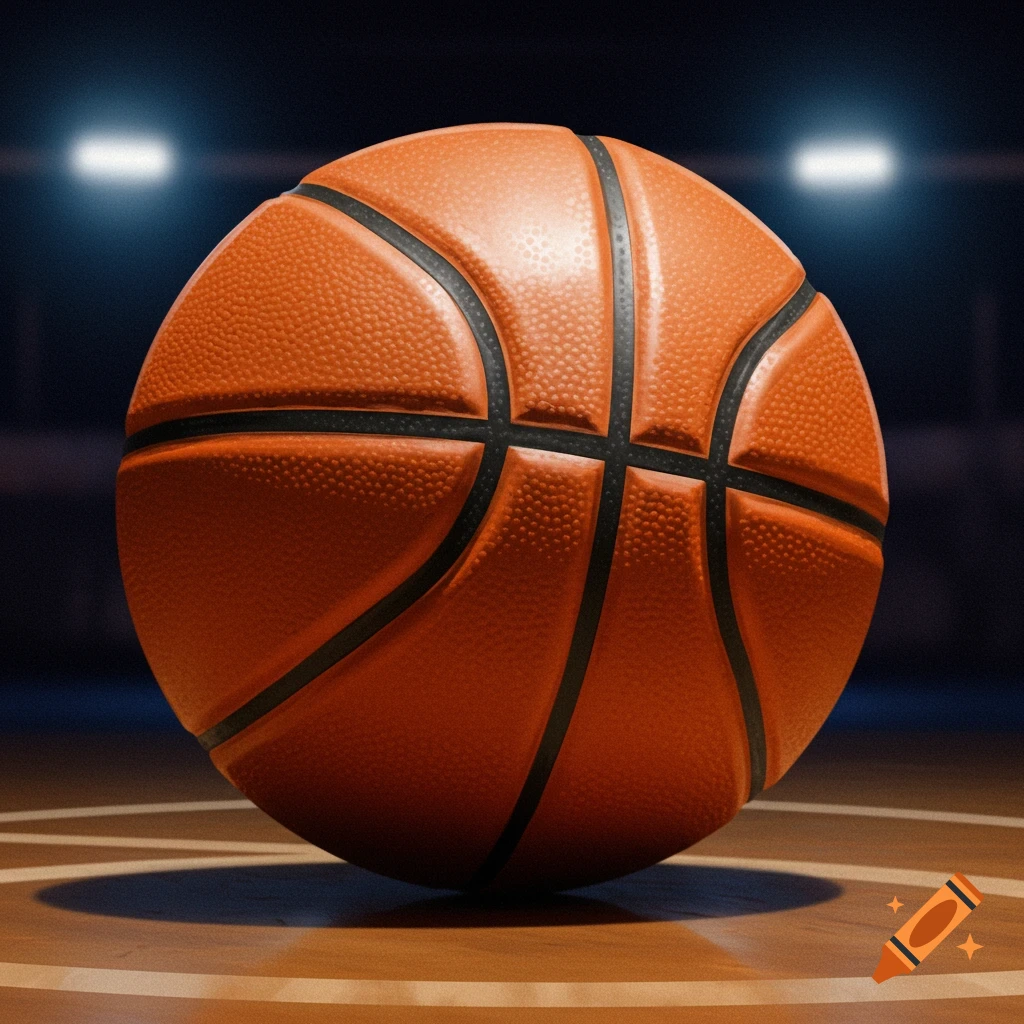 A close-up, photorealistic image of an orange basketball on a wooden court with blurred stadium lights in the background.