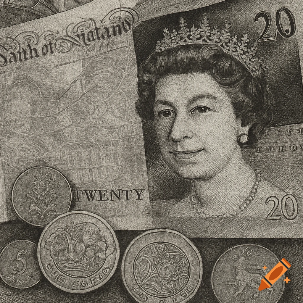 A detailed black and white pencil sketch of a British twenty pound banknote featuring Queen Elizabeth II, surrounded by various coins.