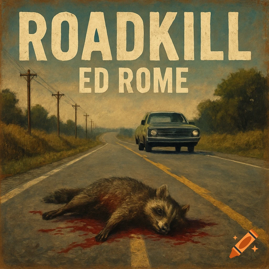 Vintage poster of a dead raccoon on a road with blood, text 'ROADKILL ED ROME', and a car in the background.