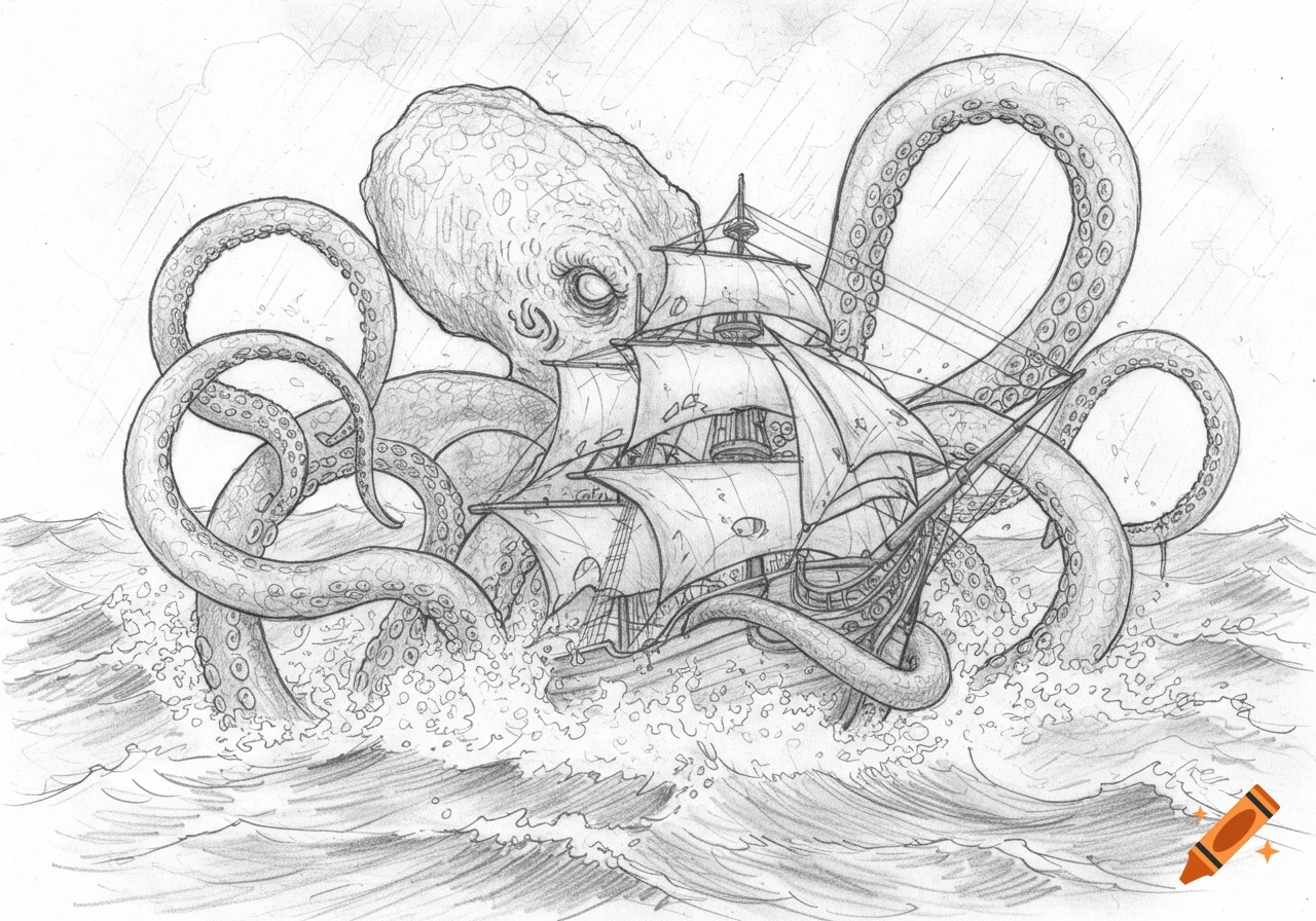 A detailed pencil drawing depicts a giant kraken with multiple tentacles emerging from stormy waters, attacking a sailing ship.