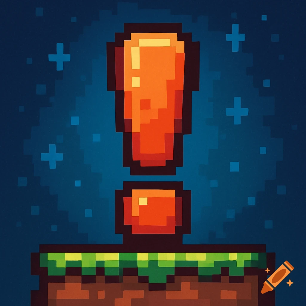 A pixel art exclamation point with an orange body and red outline, standing on a grassy, blocky platform. The background is a dark blue pixelated sky with lighter blue plus signs and squares.