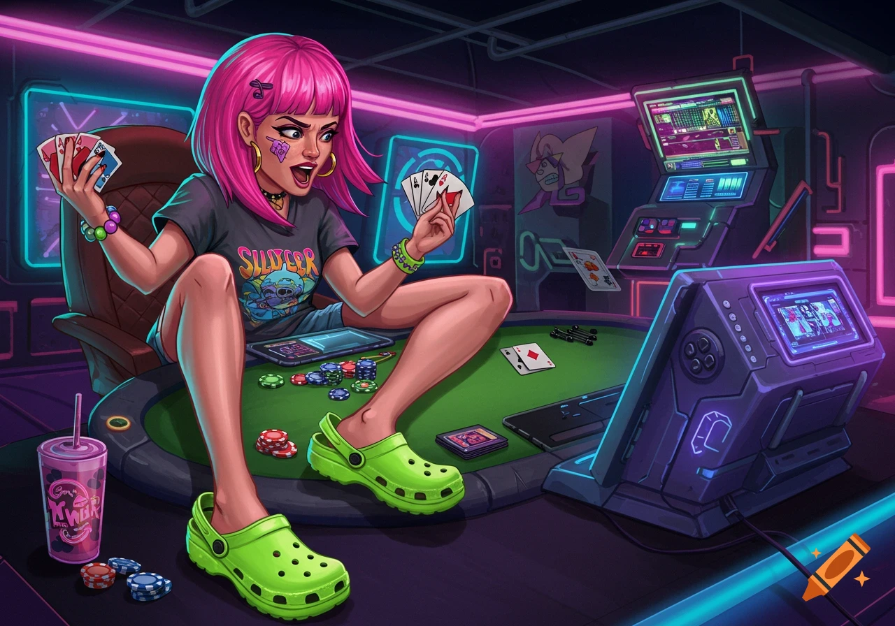A pink-haired woman in neon green crocs plays poker and games in a neon-lit cyberpunk room, cartoon style.