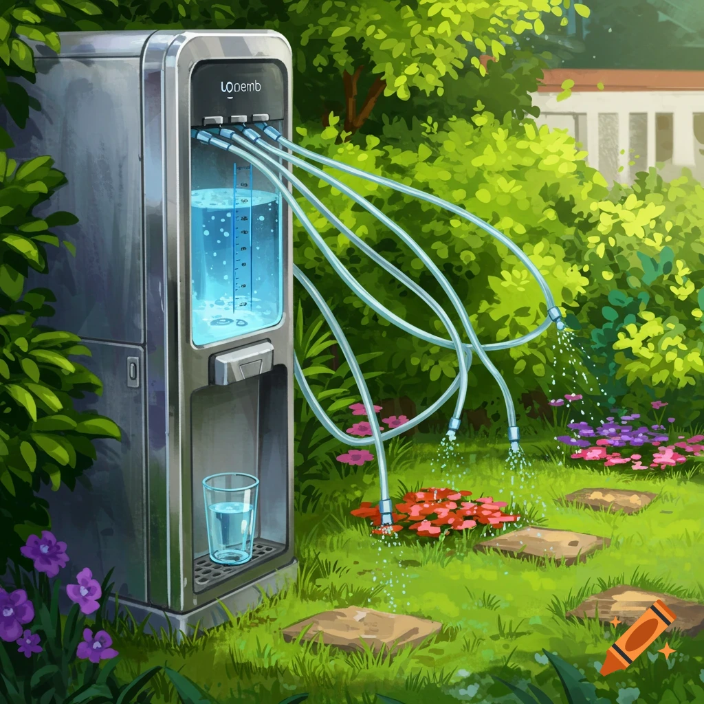A water dispenser with clear tubes watering colorful flowers in a lush green garden, a glass of water sits below the dispenser.