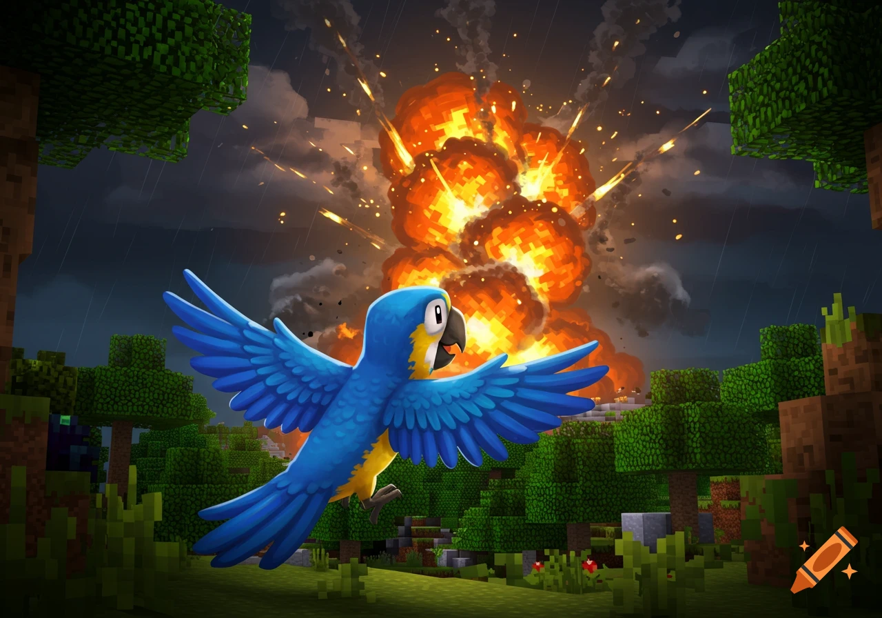 A vibrant blue and yellow parrot flies away from a large orange explosion in a blocky, Minecraft-style landscape under a stormy sky.