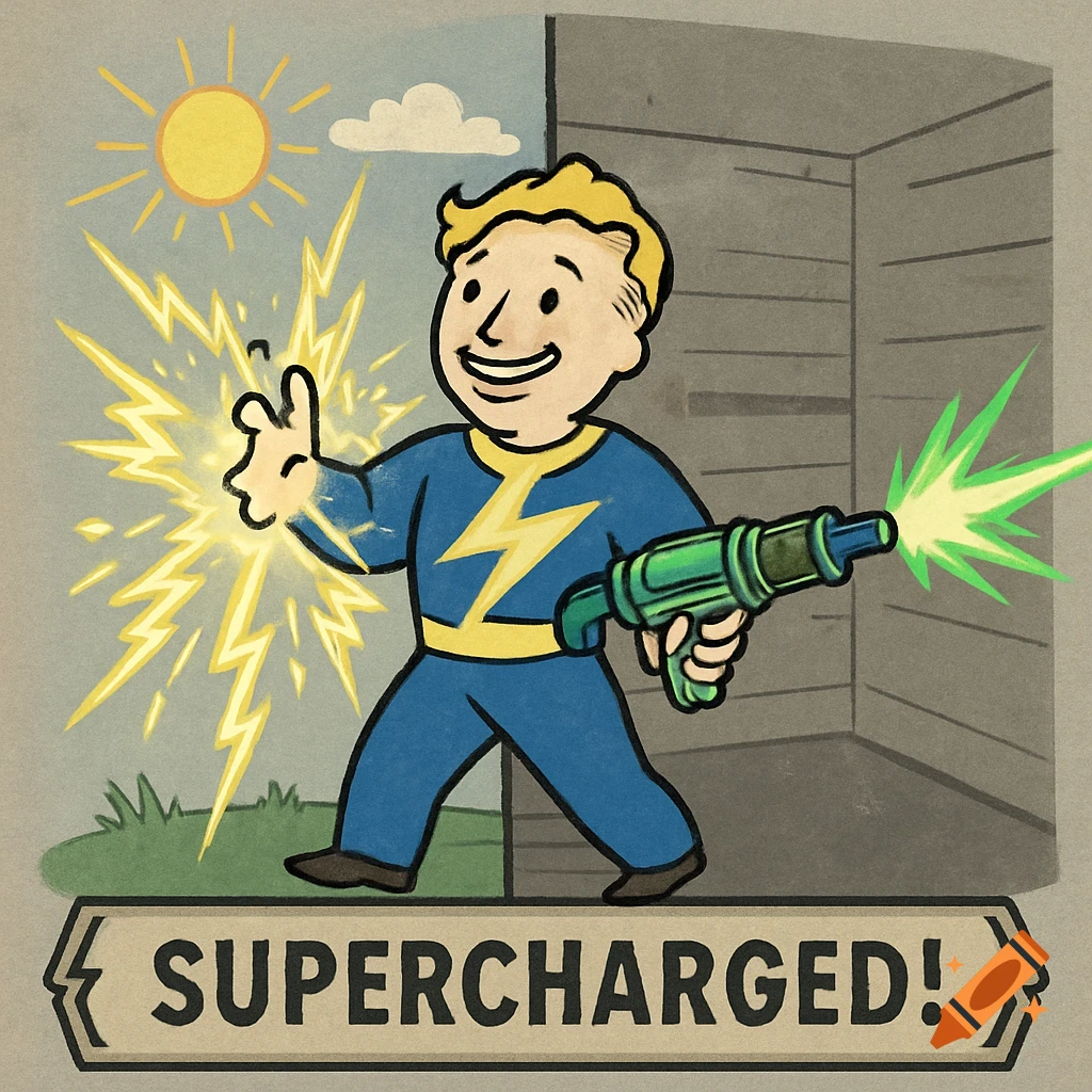 A retro cartoon style image of Vault Boy holding a laser pistol and crackling with energy, with a 'SUPERCHARGED!' banner below.