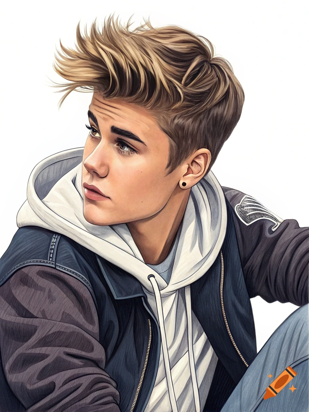 Stylized digital illustration of Justin Bieber with spiky blonde hair, wearing a white hoodie and dark jacket, looking up on a white background.