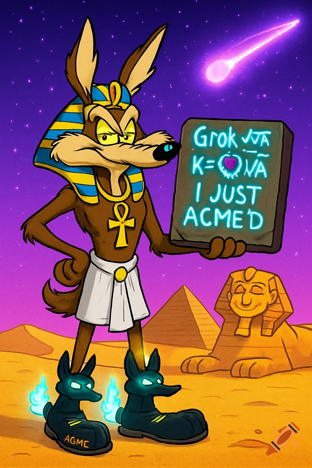 Wile E. Coyote as a pharaoh, wearing Anubis rocket boots, stands in an Egyptian desert holding a glowing stone tablet under a neon-purple sky with a comet. A winking sphinx and pyramid are in the background. Stylized 2D cartoon.
