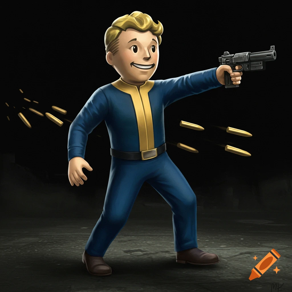 Stylized Vault Boy from Fallout in a blue and yellow jumpsuit, aiming a pistol, with golden bullet casings suspended in motion around him, on a dark background.