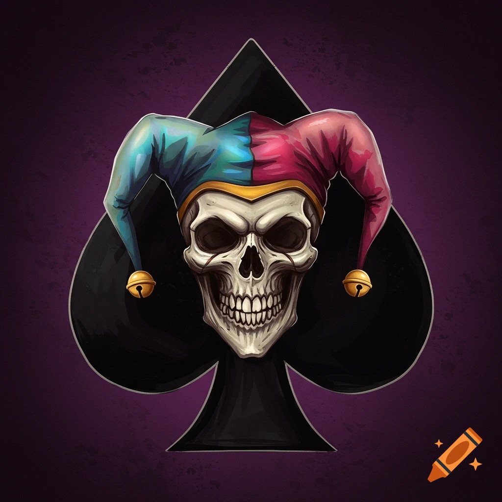 A stylized skull wearing a colorful jester hat with bells, set against a large black spade playing card symbol.