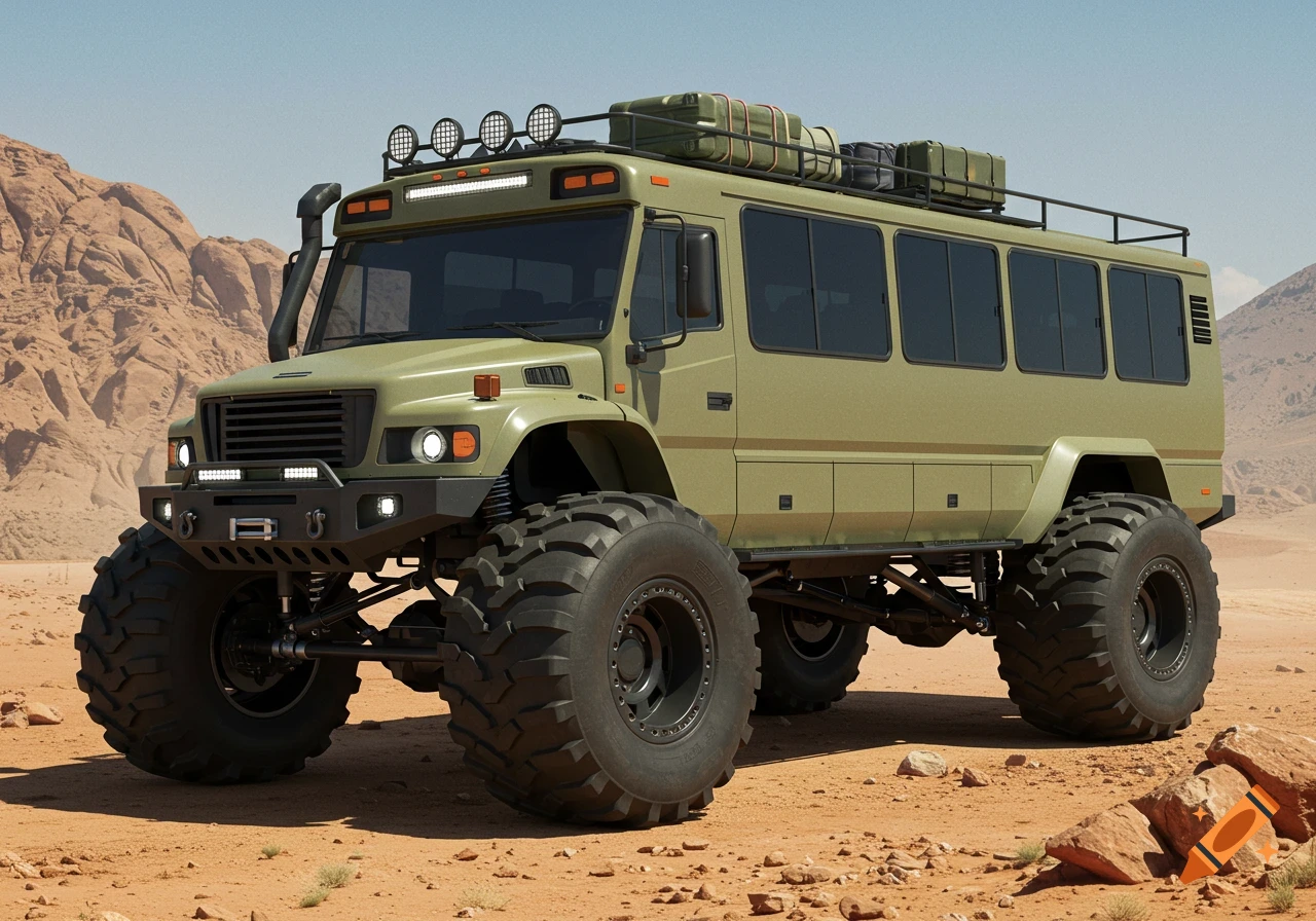 An olive green off-road bus with large tires and roof rack sits in a rocky desert landscape under a clear sky.