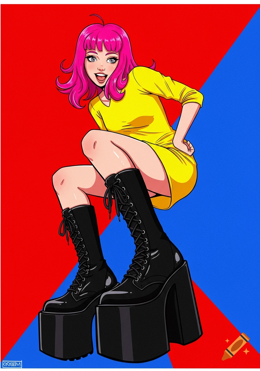 A stylized pop art illustration of a girl with pink hair in a yellow dress and large black platform boots, posed against a red and blue background.