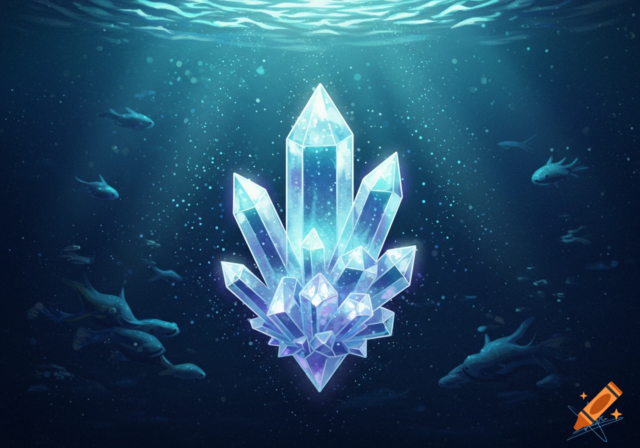 A glowing blue and purple crystal formation shines brightly underwater in a deep blue ocean, with small fish swimming around it.