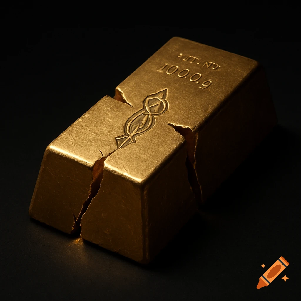 A close-up of a broken, golden bar with a subtle etched symbol and numbers, against a dark background with dramatic lighting.