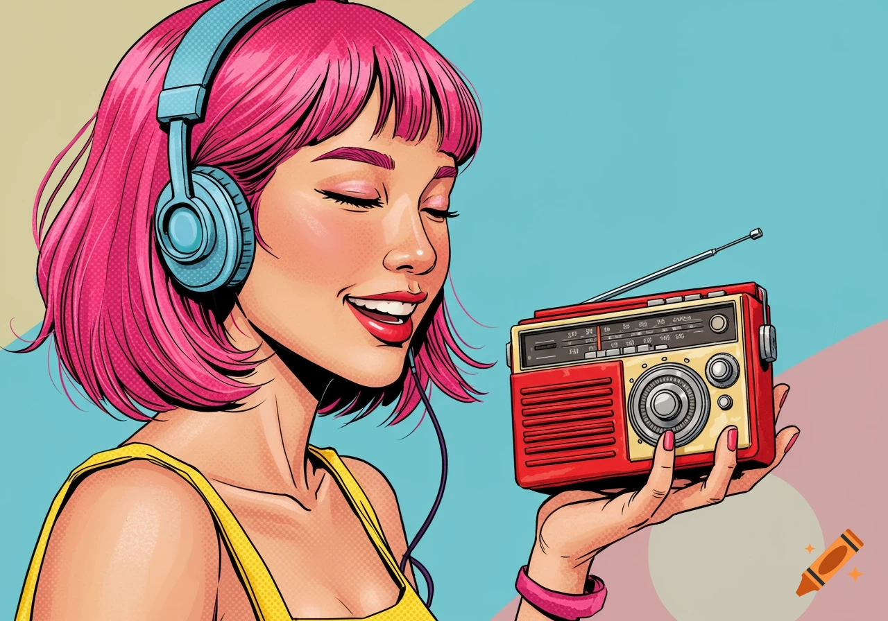 A pop art illustration of a woman with pink hair wearing headphones and holding a vintage radio.