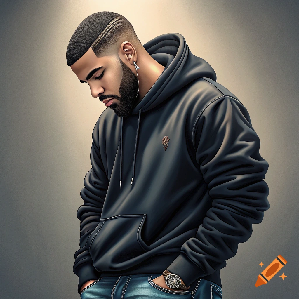 Photorealistic portrait of Drake looking down, wearing a dark hoodie, blue jeans, and a watch.