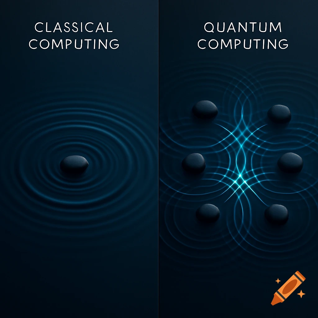 Conceptual image contrasting classical and quantum computing with pebbles creating water ripples.