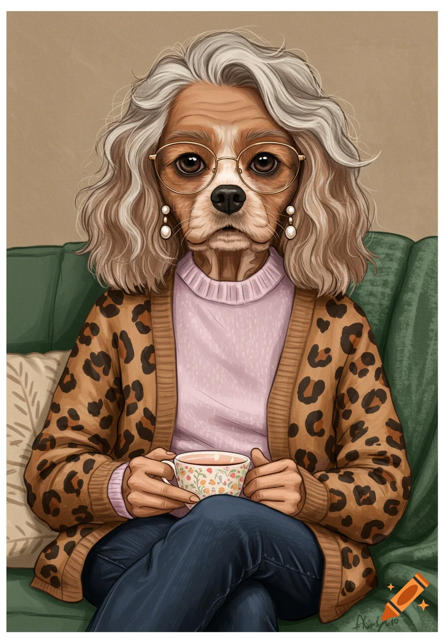 Illustration of an anthropomorphic Cavalier King Charles Spaniel with gray hair, glasses, and pearl earrings, wearing a leopard cardigan, sitting on a couch and holding a teacup.