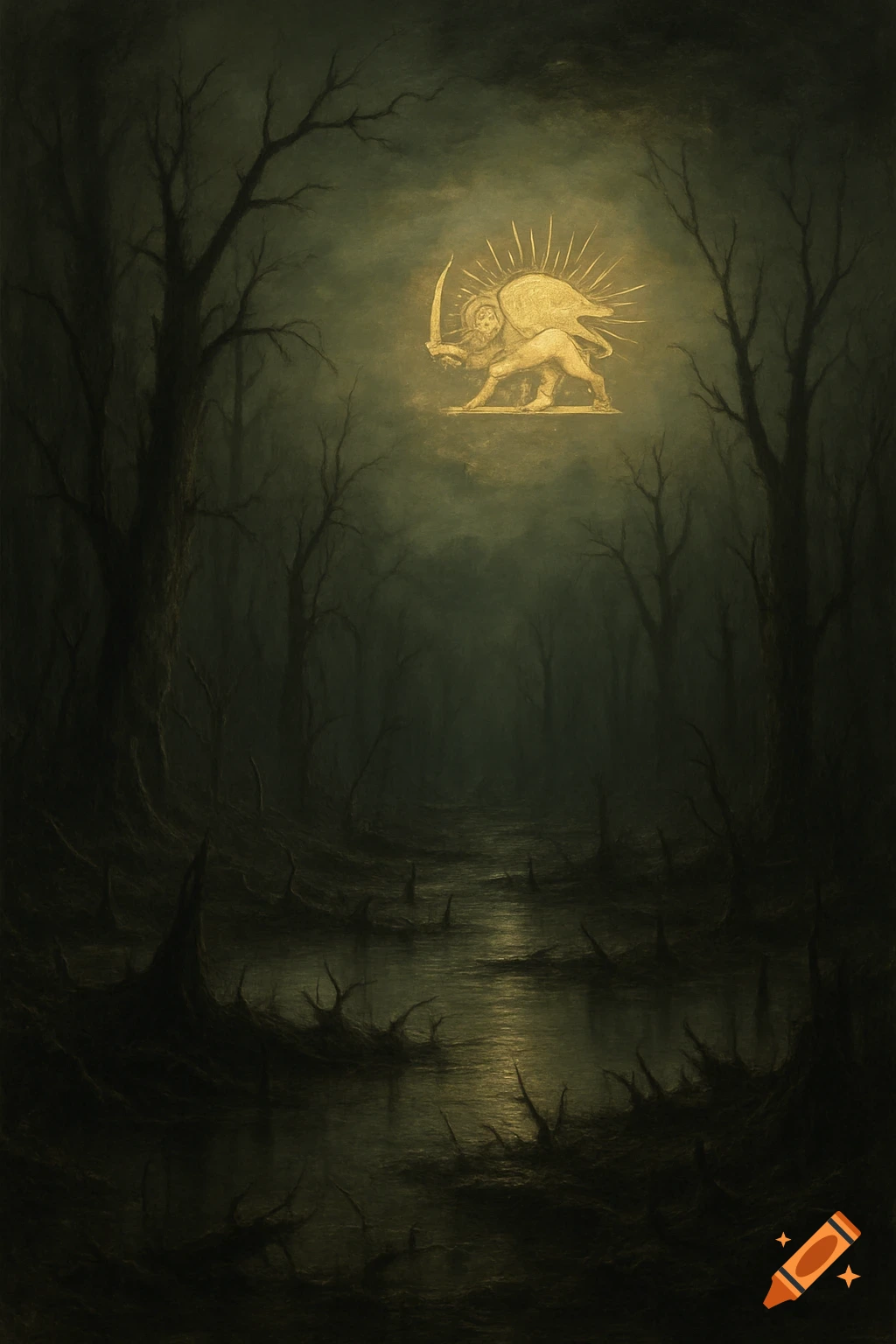Dark, decaying swamp with silhouetted trees and a glowing, symbolic golden lion holding a sword with a sunburst behind it in the dark sky.