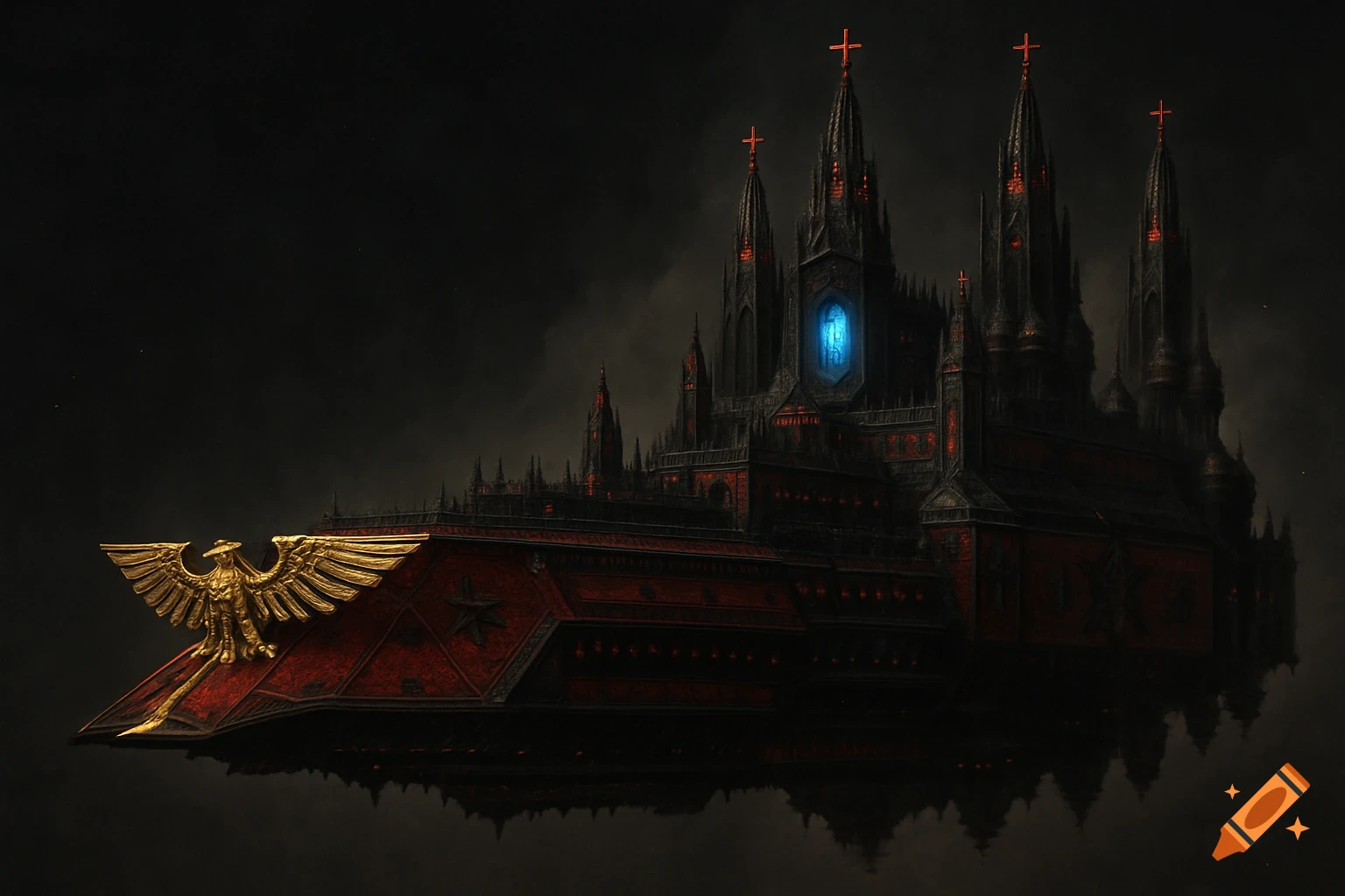 A dark, imposing gothic spaceship with a large golden eagle emblem on its prow and multiple spires, one with a glowing blue window and red crosses.