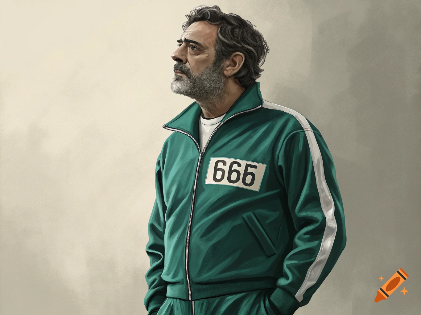 A man resembling Jeffrey Dean Morgan in a green Squid Game tracksuit with the number 665 on it, looking left.