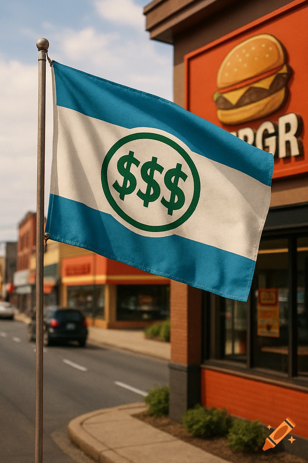 A city flag with a green circle containing three dollar signs on a white stripe between two blue stripes, flying outside a burger restaurant on a sunny city street.